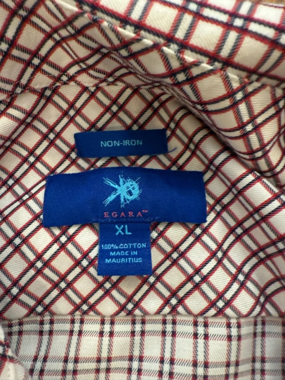 Red Navy Plaid Button Down Shirt Mens XL Non-Iron Cotton Classic Men’s Wearhouse